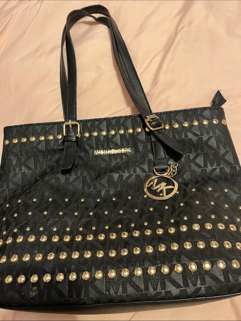 Michael Kors Black Tote with Gold Studs and MK Charm